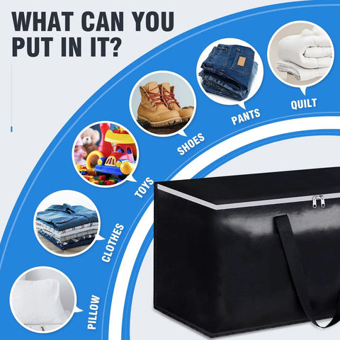 Collapsible Moving Bags 93L 6-Pack Heavy-Duty Packing Totes showing items like shoes, pants, quilt, toys, clothes, and pillow for storage.
