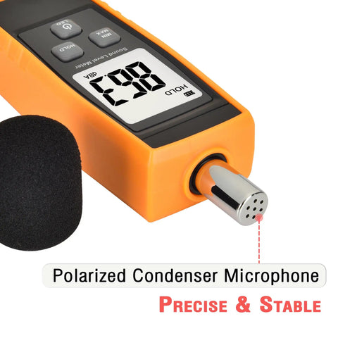 Portable Handheld Sound Level Meter For Indoor And Outdoor Noise Testing, 30 To 130 dB, Backlit LCD Display, Max Min Hold Functions, The No Nonsense Practical Little Tool For Noise Pollution Monitoring And Home Theater Setup. orange handheld sound level meter with foam mic, LCD screen, and hold buttons