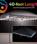 LED Canopy Lights For 10x10 Tents White Outdoor String Light Kit 40 feet attached to canopy shown during day and night