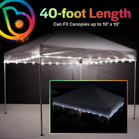 LED Canopy Lights For 10x10 Tents White Outdoor String Light Kit 40 feet attached to canopy shown during day and night
