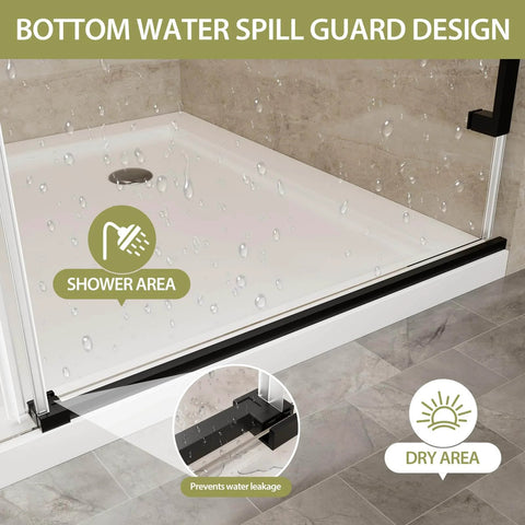 Barn-Style Sliding Shower Door With Exposed Rollers, 8mm Clear Tempered Glass, Matte Black Stainless Steel Hardware, Walk-In Shower Enclosure, Sleek Frameless Look, 60 Inch Wide By 75 Inch High, Modern Glass Door spill guard design close-up