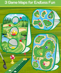 4 In 1 Kids Golf Set with retractable club, putting practice mat, three sided chipping net, sticky boards, and cornhole style golf board