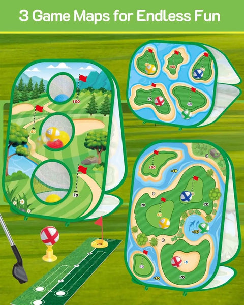 4 In 1 Kids Golf Set with retractable club, putting practice mat, three sided chipping net, sticky boards, and cornhole style golf board