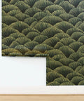 Dope Indigo Floral Wallpaper Featuring Sleek Gold Metallic Finish And Rich Fibrous Texture For A Clean Home Flex That Slaps On Walls While Staying Eco Friendly And Made In The Usa, displaying glossy gold foliage on dark background.