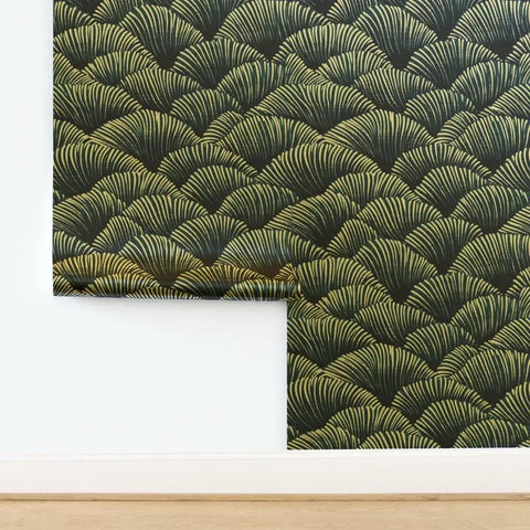 Dope Indigo Floral Wallpaper Featuring Sleek Gold Metallic Finish And Rich Fibrous Texture For A Clean Home Flex That Slaps On Walls While Staying Eco Friendly And Made In The Usa, displaying glossy gold foliage on dark background.