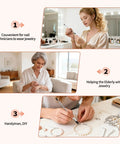 Two Pack Bracelet Helper Tool Set For Easy Self Fitting Jewelry Clasps shown being used by women in various settings.