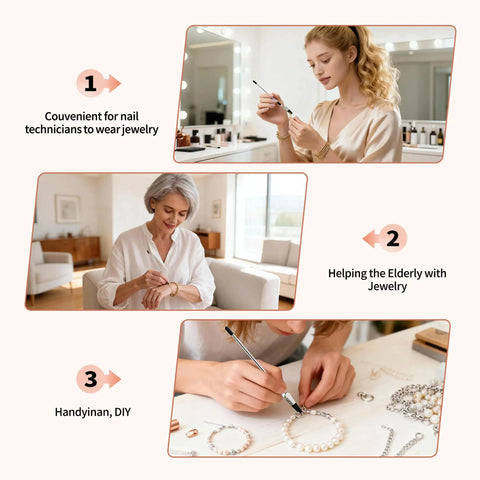 Two Pack Bracelet Helper Tool Set For Easy Self Fitting Jewelry Clasps shown being used by women in various settings.