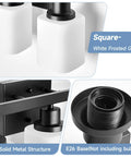 Straight Up Solid 3 Light Bathroom Vanity Lights With Square Frosted Glass Shades Matte Black Wall Sconces close-up of white frosted glass and E26 base.