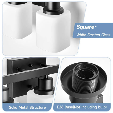 Straight Up Solid 3 Light Bathroom Vanity Lights With Square Frosted Glass Shades Matte Black Wall Sconces close-up of white frosted glass and E26 base.