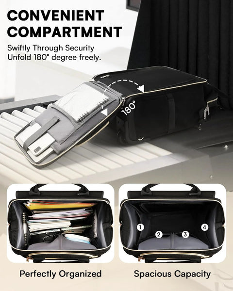 Arcoyard black rolling laptop backpack with wheels, opened to show organized compartments and flip-top design.