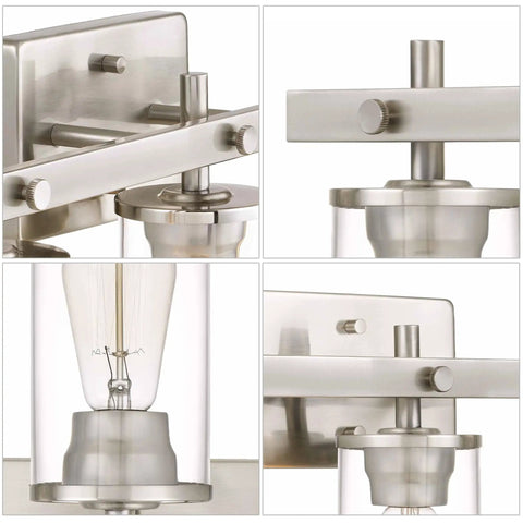 Modern Farmhouse Three Light Vanity Light With Clear Glass Shades In Brushed Nickel For Bathroom Hallway Entryway Kitchen Mirror And Laundry Room Must Have For Any Modern Bathroom Or Powder Room And Hallway Decor