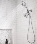 High Pressure Dual Shower Head With Handheld Spray Eight Settings Chrome Finish Three Way Diverter in tiled bathroom corner