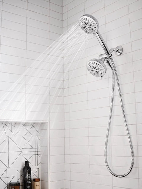 High Pressure Dual Shower Head With Handheld Spray Eight Settings Chrome Finish Three Way Diverter in tiled bathroom corner
