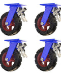 Hella Tough Heavy Duty Swivel Caster Wheels With Dual Locking Brakes And Solid Rubber Tires set of four, featuring a blue steel bracket and red rubber wheels.