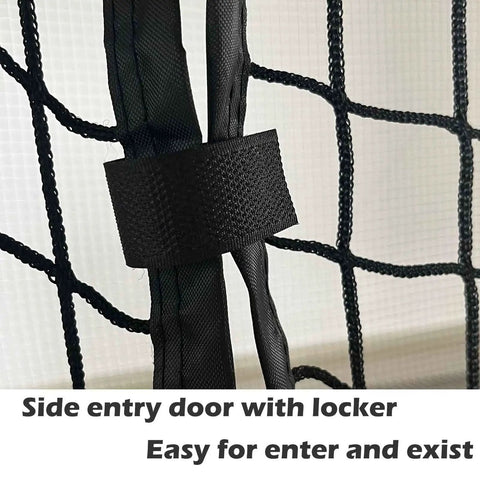 Close-up of side entry door with lock on Baseball Batting Cage Net With Extra Striking Net For Backyard Or Indoor Use, 35 ft by 10 ft by 10 ft.