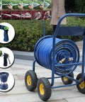 Heavy Duty Slick Metal Hose Reel With Smooth Maneuver Four Wheel Garden Cart Plus 100 Feet Water Pipe ready for outdoor use.