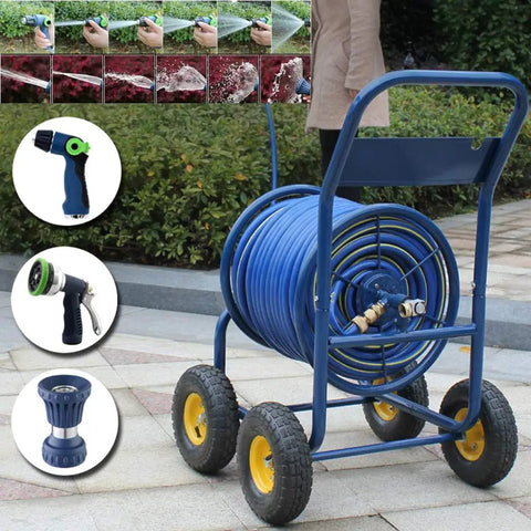 Heavy Duty Slick Metal Hose Reel With Smooth Maneuver Four Wheel Garden Cart Plus 100 Feet Water Pipe ready for outdoor use.