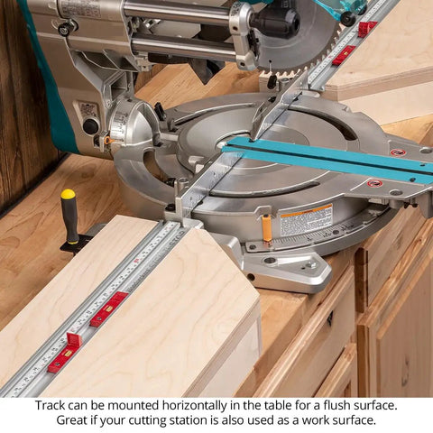 Micro Adjustable Miter Fence Stop System With Combo Track And Quick Flip Stops To Nail Your Cuts On Any Miter Saw Made In Usa setup with flush track.