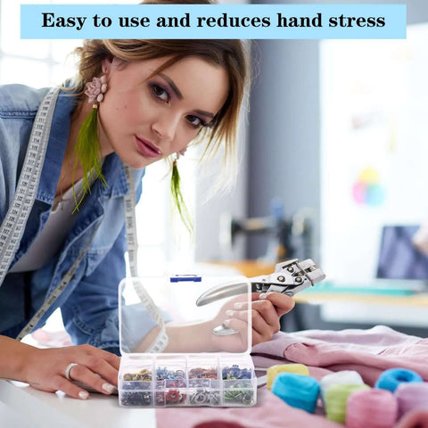 Woman using Three Sixteenth Inch Grommet Tool Kit Eyelet Plier Set Hand Punch with 200 Eyelets for sewing projects