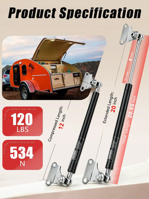 20 Inch Gas Struts With Brackets, 100 Lb Lift, 445N Heavy Duty Lift Support For RV Beds, Trailer Doors, And Storage Lids shown with trailer application