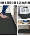Game Changing Anti Fatigue Kitchen Mat Set With Memory Foam Runner And Sealed Dust Proof Edges For Standing Comfort In Kitchens And Offices total leg relief, shown in kitchen and office settings.