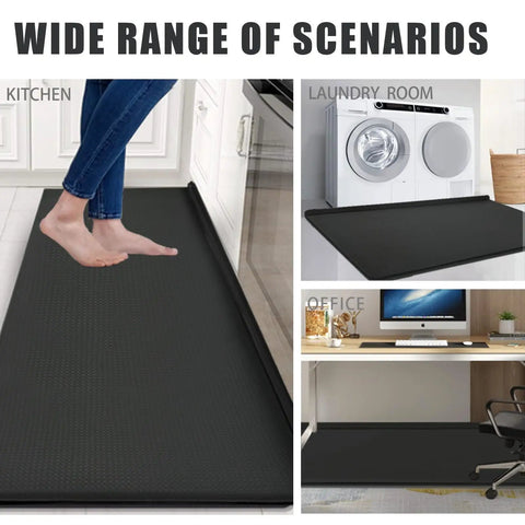 Game Changing Anti Fatigue Kitchen Mat Set With Memory Foam Runner And Sealed Dust Proof Edges For Standing Comfort In Kitchens And Offices total leg relief, shown in kitchen and office settings.
