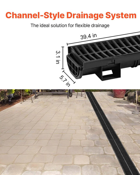 Six 39 Inch Trench Drain Channel System With Plastic Grate For Driveways And Gardens, HDPE Black Water Channel 5.8 X 3.1 In