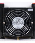 Front view of a Compact Mini Hydraulic Air Cooler For Oil Lines And Pumps Delivers Ten Liters Per Minute Of Air Cooled Cooling Plate Heat Exchanger With Electric Fan DC 12 Volt Efficient Shock Absorption Workhorse For Machine Tools And Small Hydraulic Power Packs
