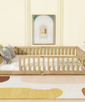 Queen Floor Bed With Safety Guardrails in Natural Rubber Wood Finish, low profile platform bed in modern bedroom setting