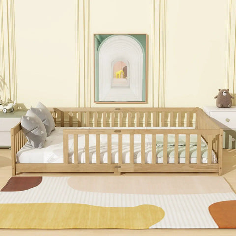 Queen Floor Bed With Safety Guardrails in Natural Rubber Wood Finish, low profile platform bed in modern bedroom setting