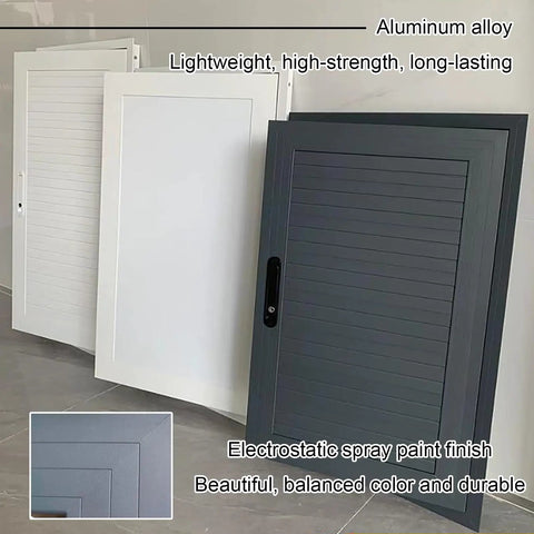 Sleek Aluminum Attic Access Door With Heavy Duty Handle For Zero Hassle Drywall Tuck Away Wall Concealment Hatch Cover In Smooth Gray Solid Pick For Homes Straight Up Durable Build, displays gray and white aluminum doors.