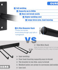 Comparison of wall mounted folding chair storage rack showing thicker 0.78in diameter vs thin wire rack with focus on durability differences.