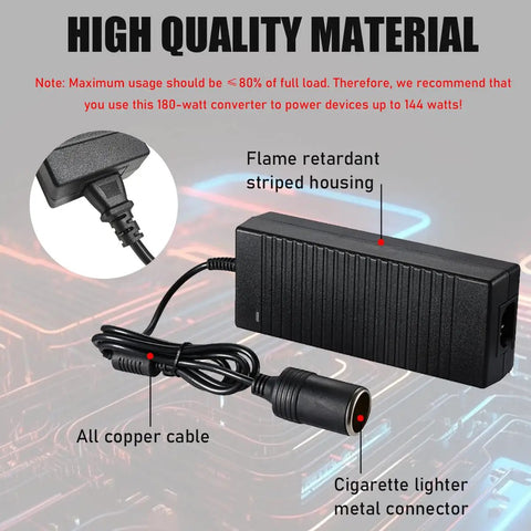 Heavy Duty AC To DC Converter 220V To 12V 15A Car Power Adapter showing flame retardant housing and all copper cable.
