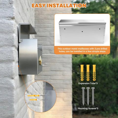 Side view of Weatherproof Wall Mount Mailbox Outdoor Heavy Duty Stainless Steel Drop Box Keeps Mail Dry In Rain With Drip Edge Design 3.75 By 14.5 By 7.1 Inches Silver, shown installed with screws and expansion tubes.