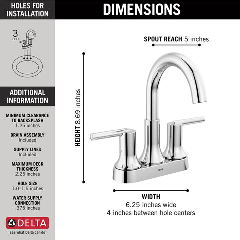 Dimensions of Trinsic Chrome Centerset Bathroom Faucet With Diamond Seal Technology And Metal Drain Assembly