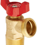 Quartermaster Brass Boiler Drain With Quarter Turn Valve, 125 PSI Working Pressure, heavy-duty brass body and red handle.