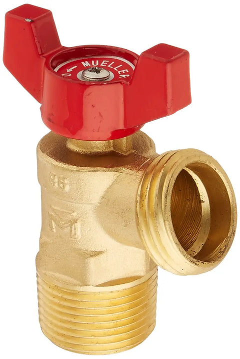 Quartermaster Brass Boiler Drain With Quarter Turn Valve, 125 PSI Working Pressure, heavy-duty brass body and red handle.