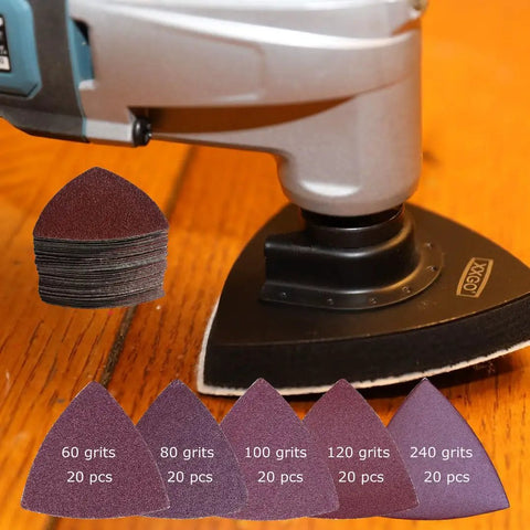 Pro Grade Triangle Oscillating Multitool Sanding Pads Set, 90 mm 3-1/2 Inch, 100 Pcs Assorted Grit 60 80 100 120 240, Aluminum Oxide, Hook and Loop, Fits Triangle Pads For Wood Metal Plaster Polishing and Smoothing