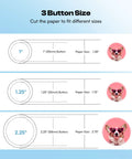 Diagram showing button sizes with 1 in, 1.25 in, 2.25 in molds for 3 In 1 Button Maker Kit for DIY Pin Badges, Keychains & Fridge Magnets