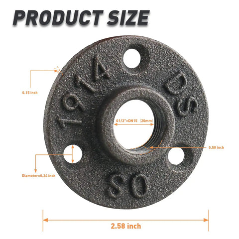 1/2-Inch Floor Flange Set For Do It Yourself Furniture And Shelving Projects with measurements and threaded hole view