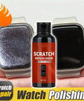 Two watches with screen contrast showing before and after using 30G Glass Scratch Remover for Phone Screens With Sponge Gentle Polishing Quick Fix Cream for Eyeglasses and Metal Surfaces Travel Ready Scratches Repair Kit On The Go for Cellphones.