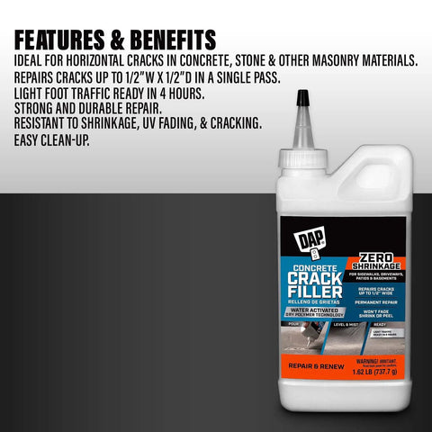 Fast Drying Concrete Crack Filler For Indoor And Outdoor Surfaces DIY Friendly Permanently Fills Cracks In Concrete Stone And Masonry 1.62 Lbs With Chemical Resistant Gloves bottle next to features and benefits text.