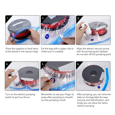 Electric air pump for vacuum storage bags; cordless 5V portable pump, six-step setup guide (Amazon).