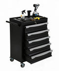 Badass Heavy-Duty Rolling Tool Chest with Smooth Ball Bearing Slides and Rock-Solid Swivel Wheels for Garage Shop Storage, featuring five drawers and tools on top.