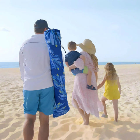 Family walking on beach with Beach Cabana Canopy 6.5 Feet By 6.5 Feet, Easy Set Up And Take Down, Portable Sun Shade carrying bag