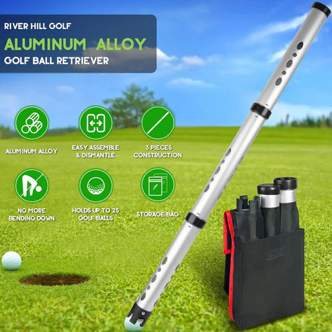 Aluminum Alloy Golf Ball Retriever 3 Piece Kit With 41.3 Inch Reach Storage Bag Holds 25 Balls Rust Resistant Shagger Grabber