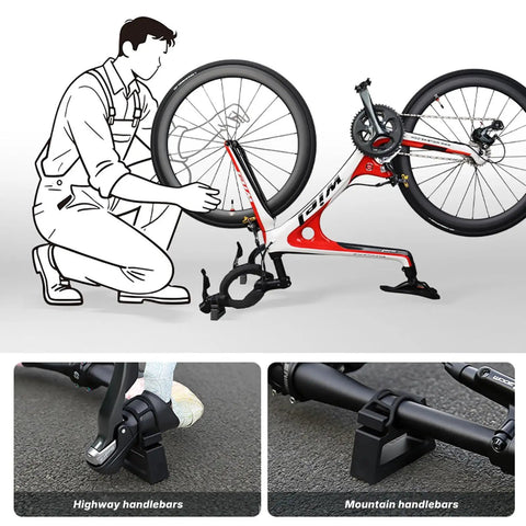 Image showing the installation of a rugged bike repair stand with handlebar stabilizer for mountain and road bikes.
