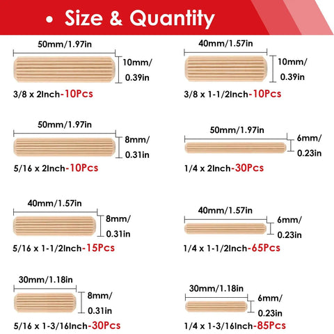 Fluted Wooden Dowel Pin Kit 255Pcs With Eight Sizes One Quarter Inch Five Sixteenth Inch Three Eighth Inch Handy For Crafts Furniture Doors DIYers Durable Straight Grooved Wood Dowels Perfect For Cabinet Making And Furniture Repair, size chart