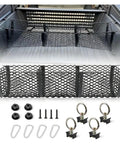 Heavy Duty Cargo Mesh Net Fits Tesla Cybertruck 2024 Through 2025 with installation kit and accessories for rear trunk use.