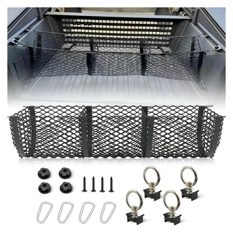 Heavy Duty Cargo Mesh Net Fits Tesla Cybertruck 2024 Through 2025 with installation kit and accessories for rear trunk use.
